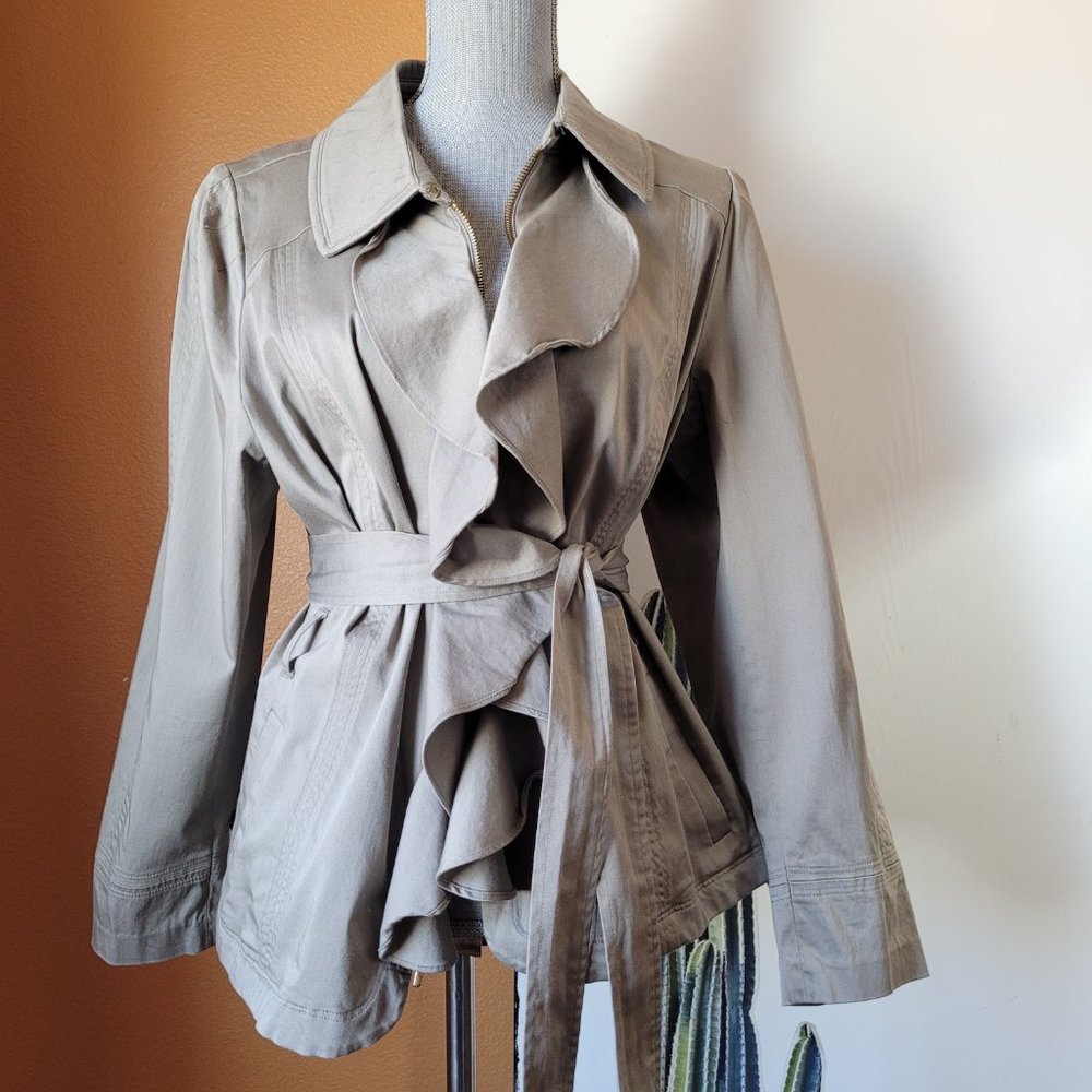 Elle Beige Ruffle Front Cape Jacket